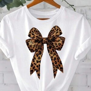 Leopard Print Bow White T-Shirt